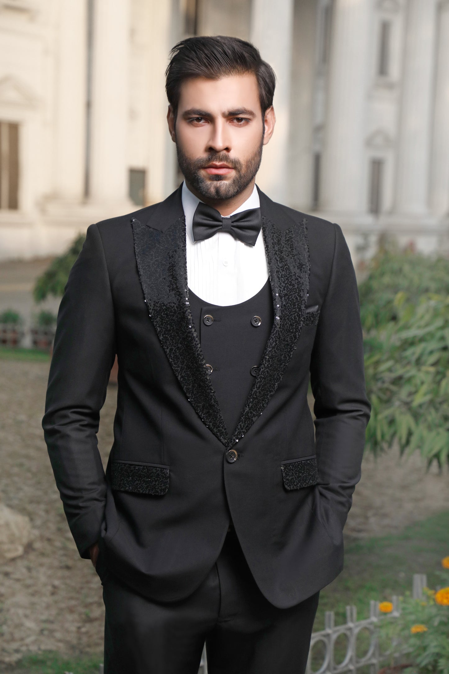 Black Sequence Tuxido Peak Lapel 3 Piece Pant Coat (Suit) (PC00030-BLK)