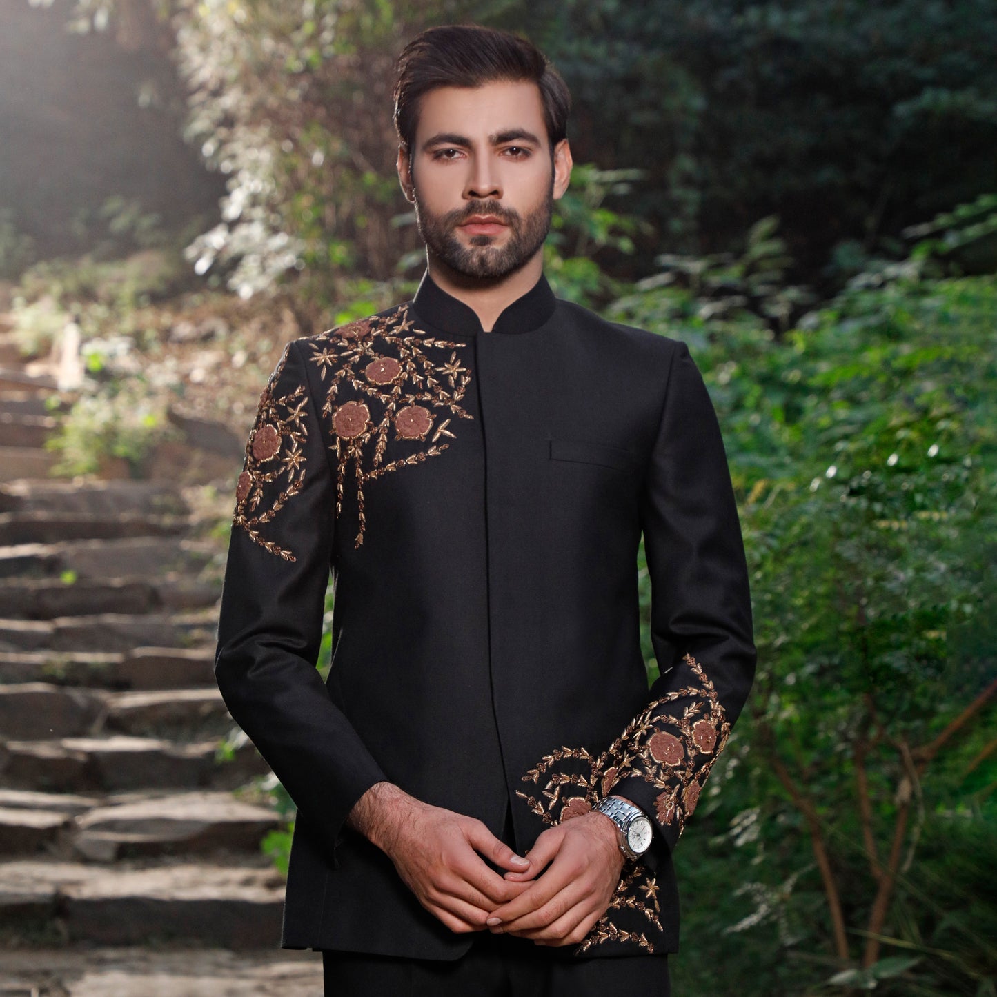 Black Prince Coat With Pant Hand Embellished Patch Work Shoulder Arm And Front (PC00028-BLK)