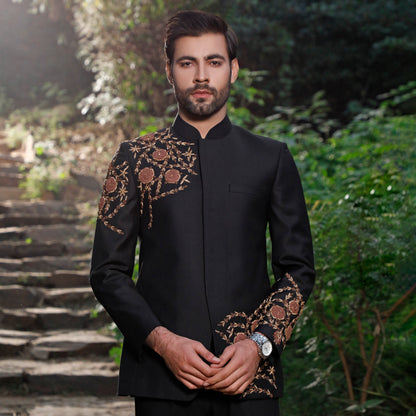 Black Prince Coat With Pant Hand Embellished Patch Work Shoulder Arm And Front (PC00028-BLK)