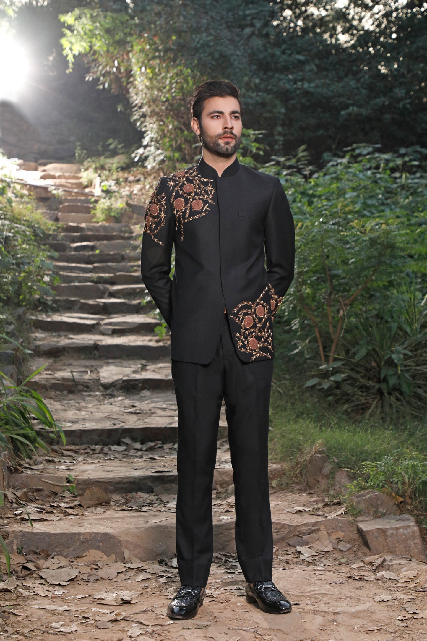 Black Prince Coat With Pant Hand Embellished Patch Work Shoulder Arm And Front (PC00028-BLK)