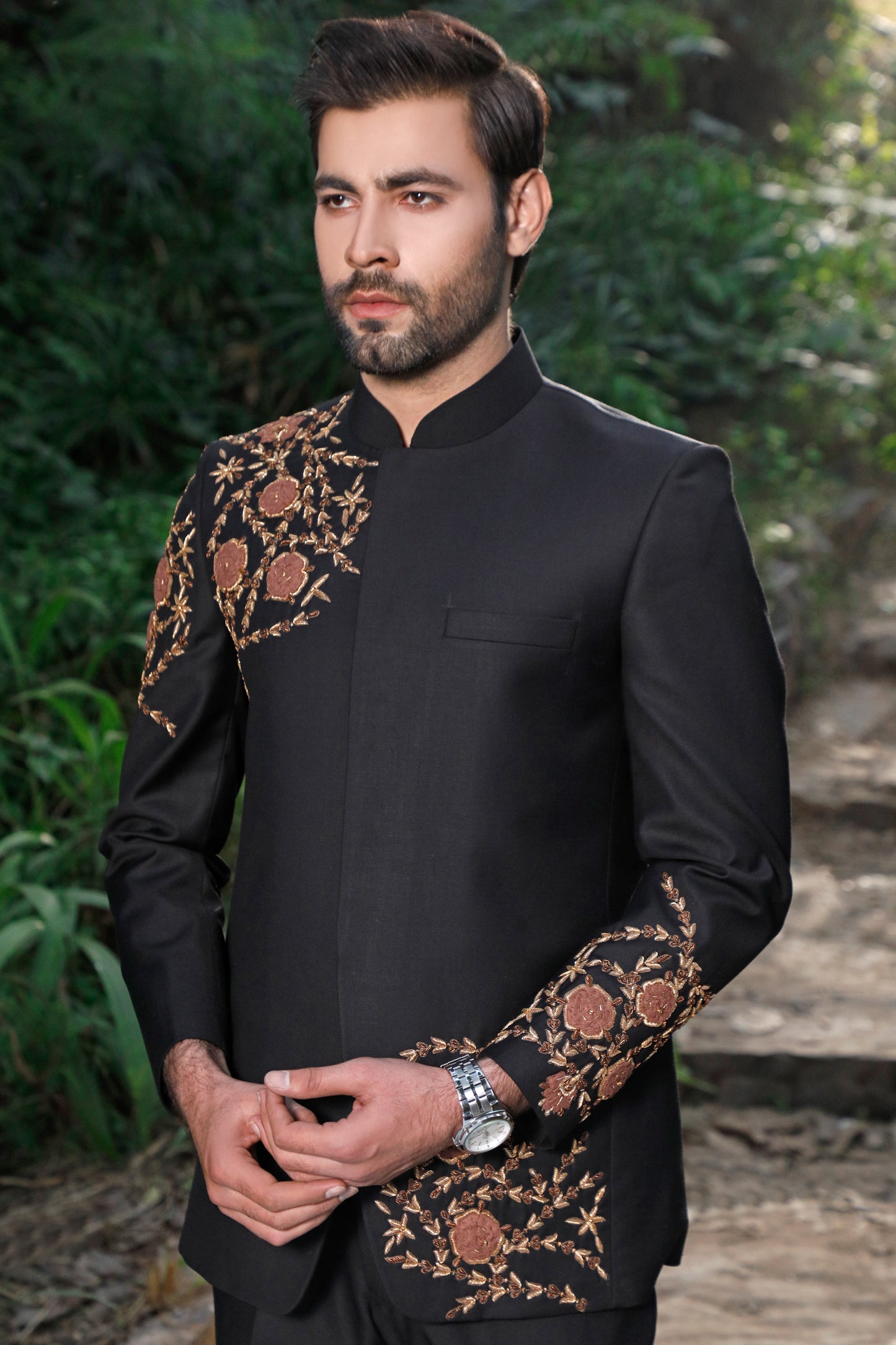 Black Prince Coat With Pant Hand Embellished Patch Work Shoulder Arm And Front (PC00028-BLK)