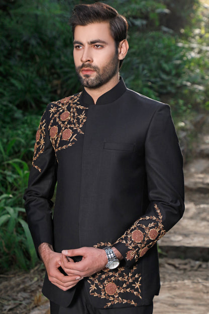 Black Prince Coat With Pant Hand Embellished Patch Work Shoulder Arm And Front (PC00028-BLK)