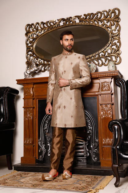 Champagne Gold Sherwani With Embellished Front, Collar and Cuff (SH00084-BRW)