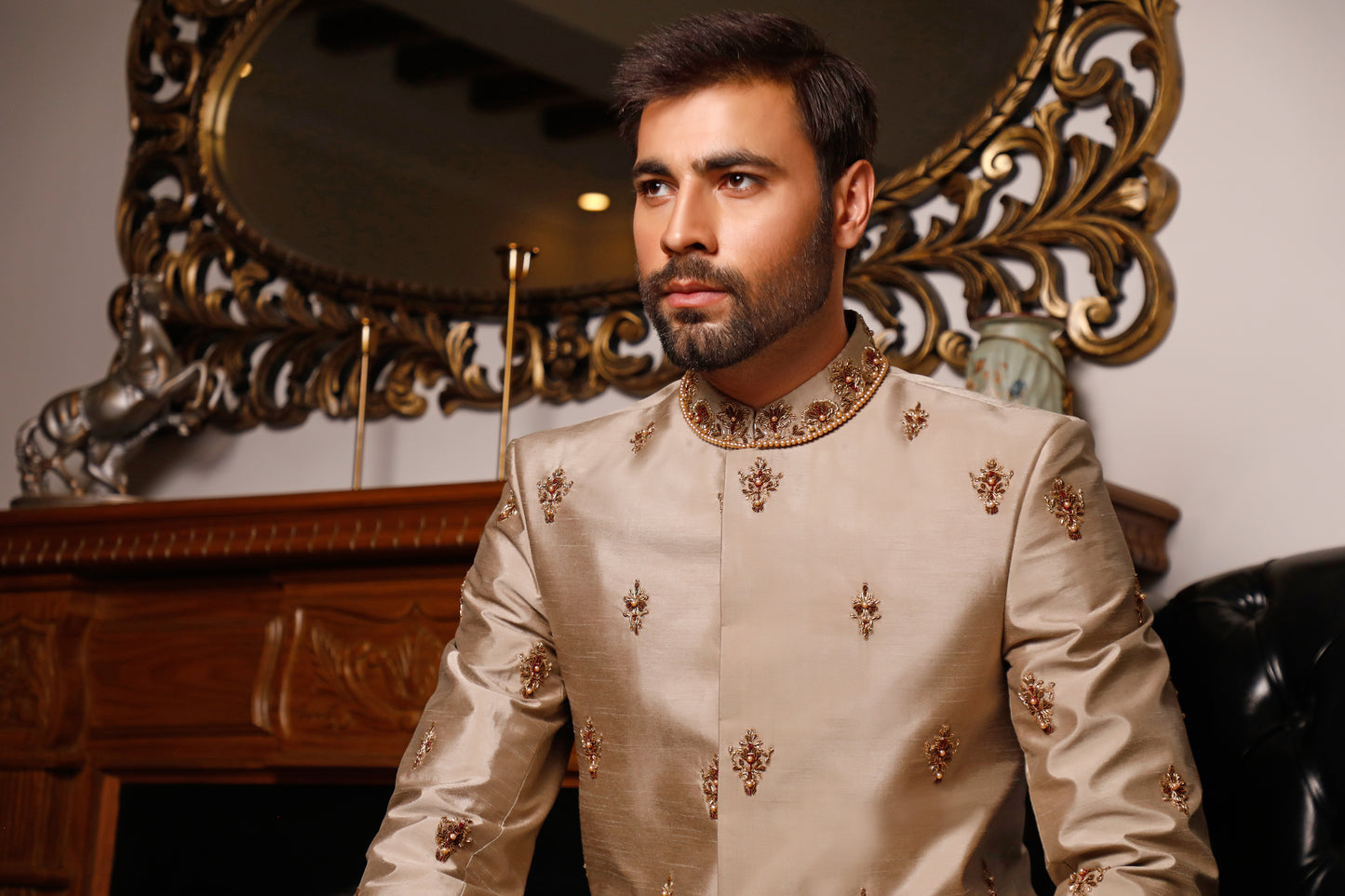 Champagne Gold Sherwani With Embellished Front, Collar and Cuff (SH00084-BRW)