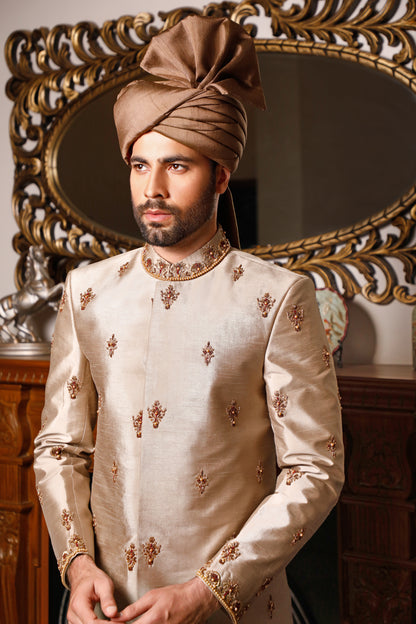 Champagne Gold Sherwani With Embellished Front, Collar and Cuff (SH00084-BRW)