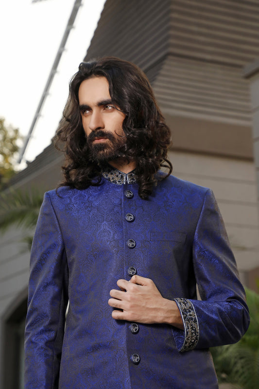 Blue Sherwani Silver Hand Embellishment Collar, Buttons and Cuff (SH00065-BLU)