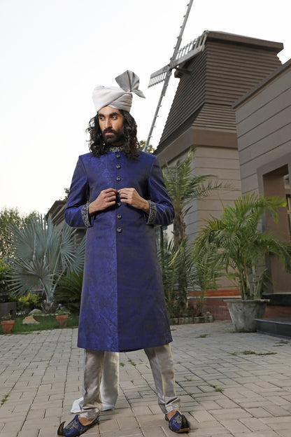 Blue Sherwani Silver Hand Embellishment Collar, Buttons and Cuff (SH00065-BLU)