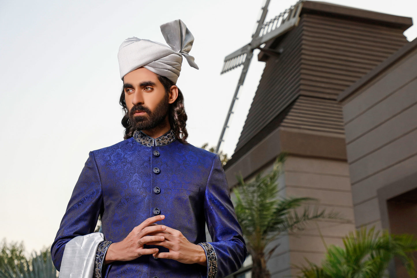 Blue Sherwani Silver Hand Embellishment Collar, Buttons and Cuff (SH00065-BLU)