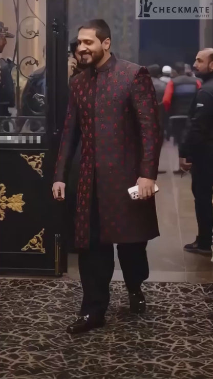 Dark Navy Blue Sherwani With Deep Maroon Hand Embellishment Full Front (SH00091-NVD)