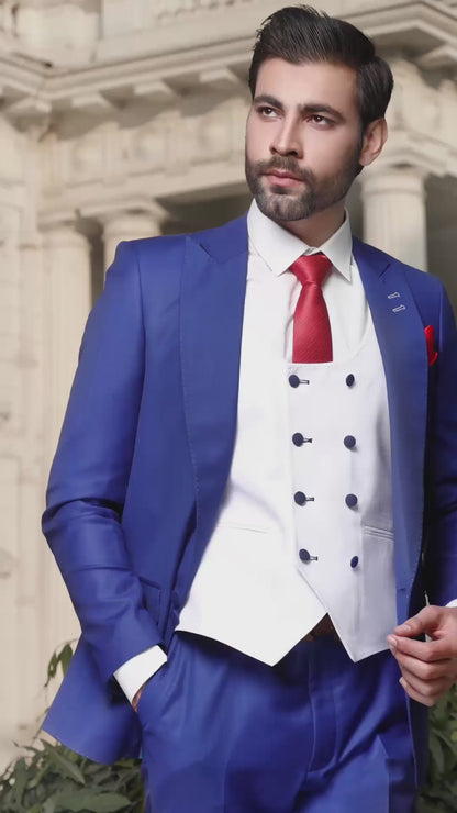 Cobalt Blue Three-Piece With White Double Press Waistcoat (PC00040-RYL)