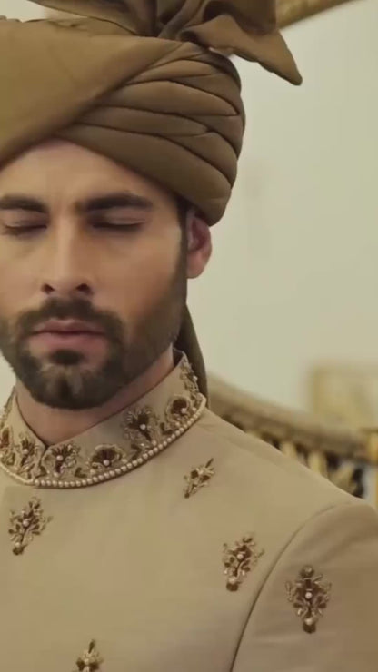 Champagne Gold Sherwani With Embellished Front, Collar and Cuff (SH00084-BRW)