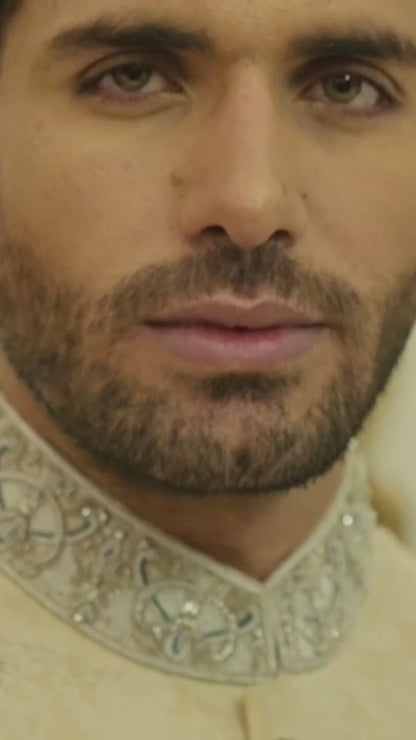 Cream Silver Sherwani Embellished Cuff and Collar (SH00062-CRM)